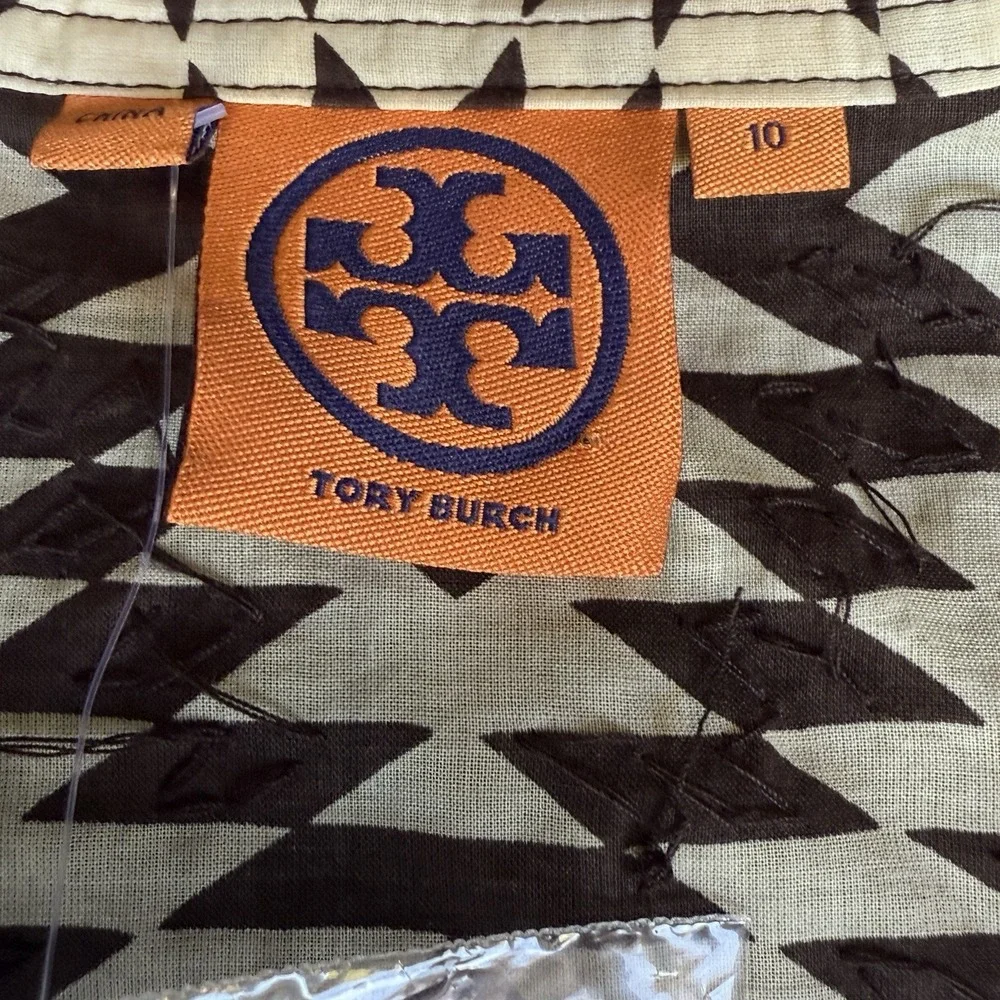 Tory Burch Printed V-Neck Embellished Tunic‎ Blouse Brown & Neutrals Size 10